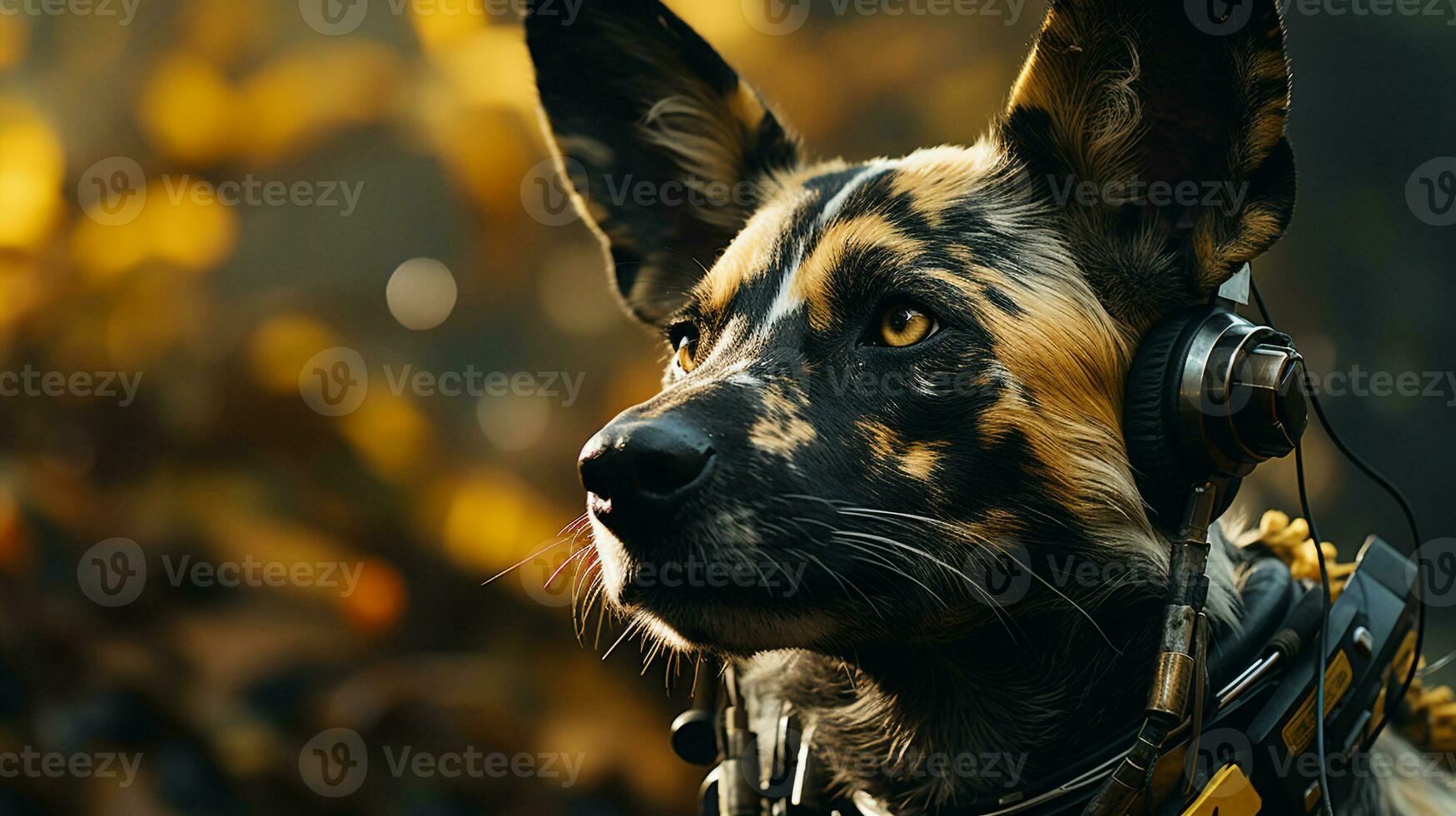 Close-up photo of a African Wild Dog looking any direction on jungle. Generative AI