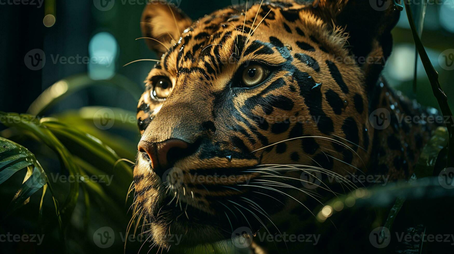 de cerca foto de un africano leopardo mirando ninguna dirección en selva. generativo ai