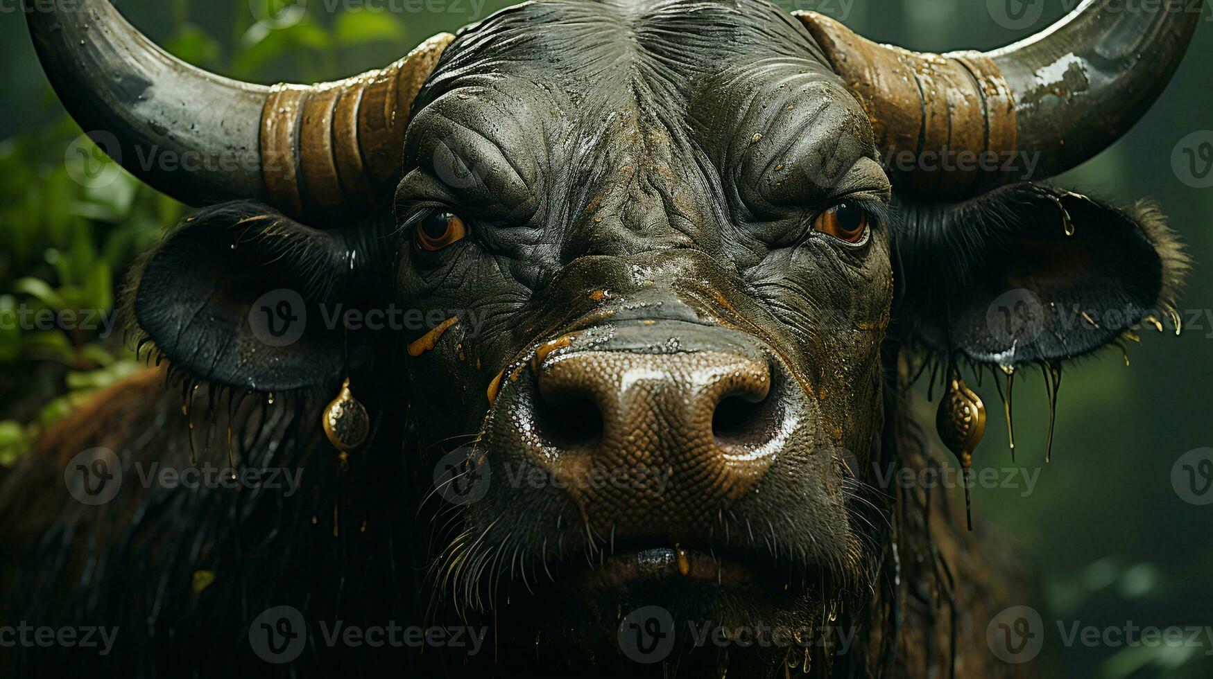 Close-up photo of a African Buffalo  looking any direction on jungle. Generative AI