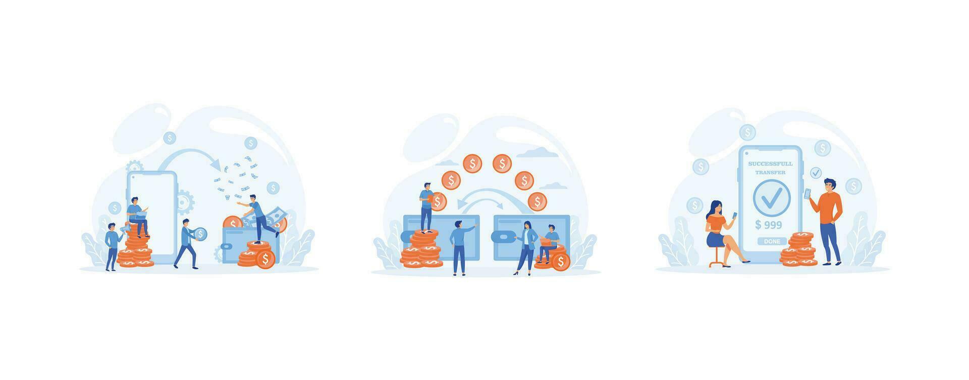 Financial transactions. NFC payment system, money transfer, mobile banking service. set flat vector modern illustration