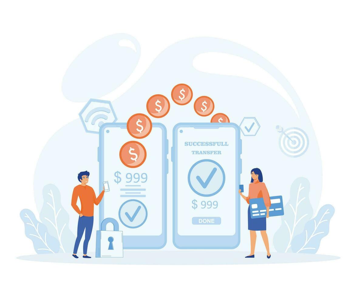 Banking service, successful contact less payment transaction. Woman sent, transfers money, coins from debit card. flat vector modern illustration