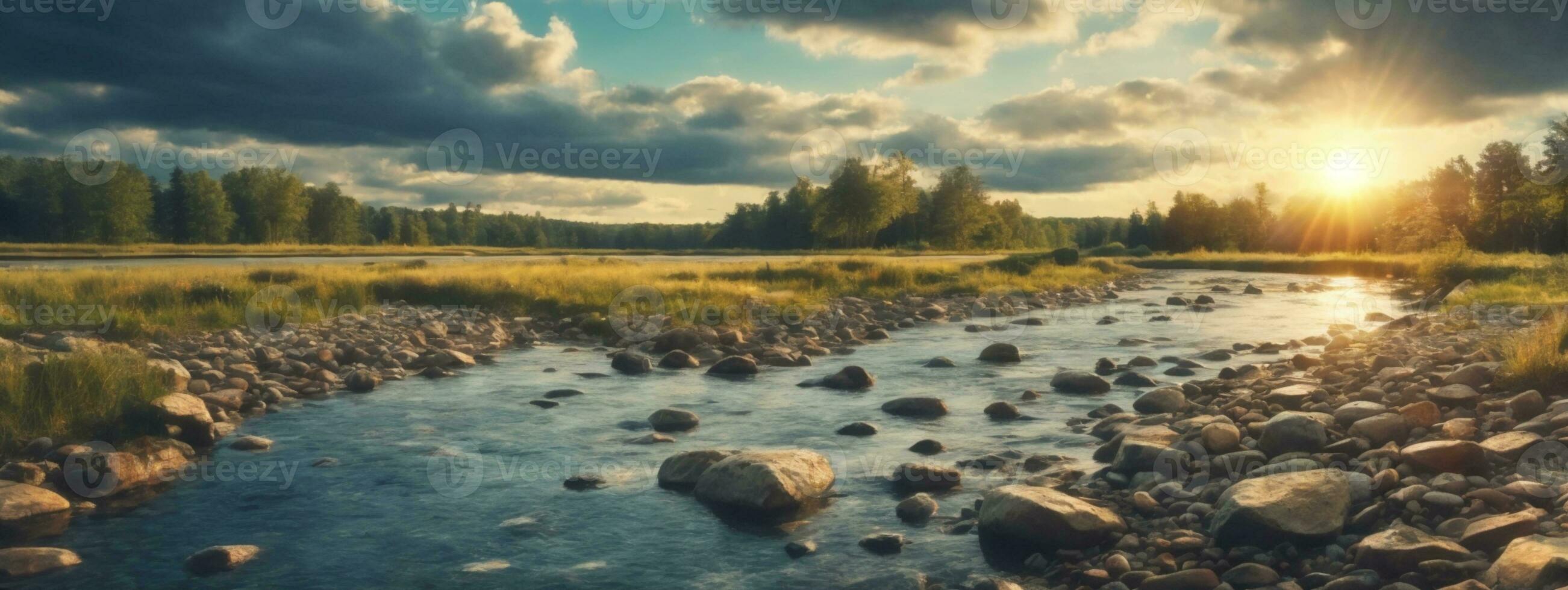 bosque río con piedras en costas a puesta de sol. ai generado foto