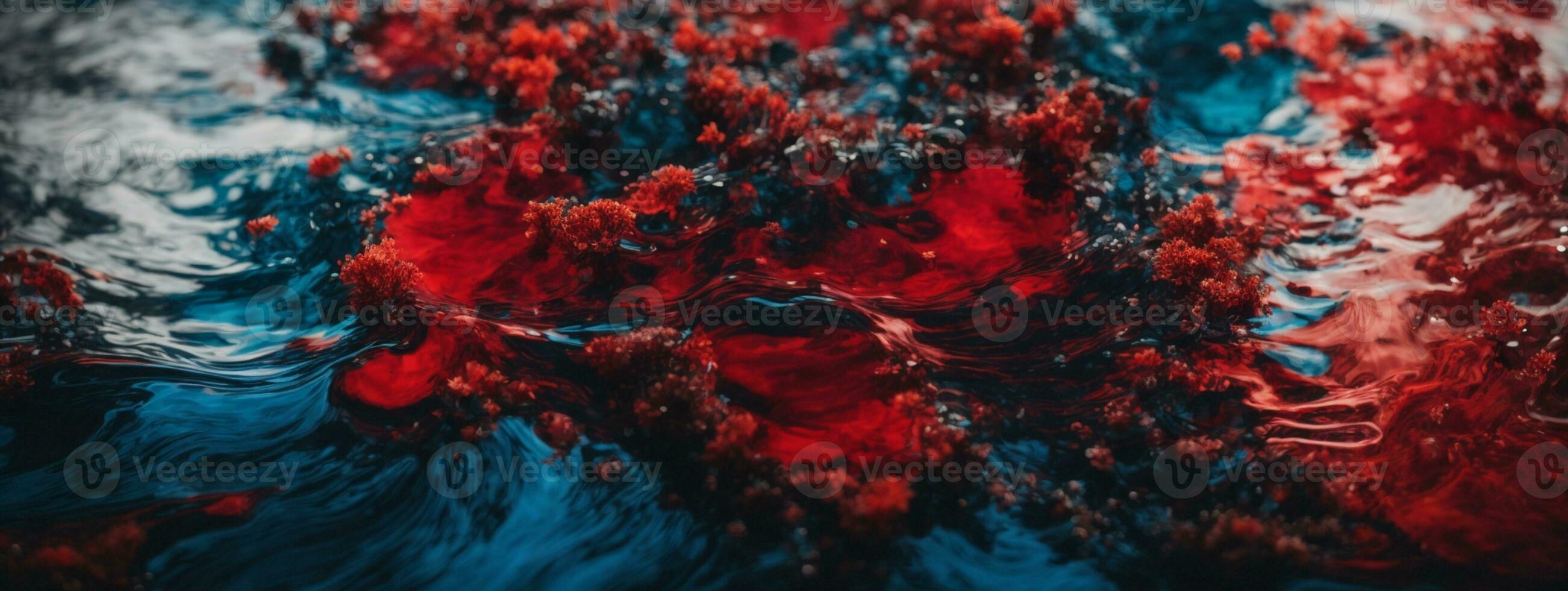 Acrylic blue and red colors in water. Ink blot. Abstract black background.. AI generated photo