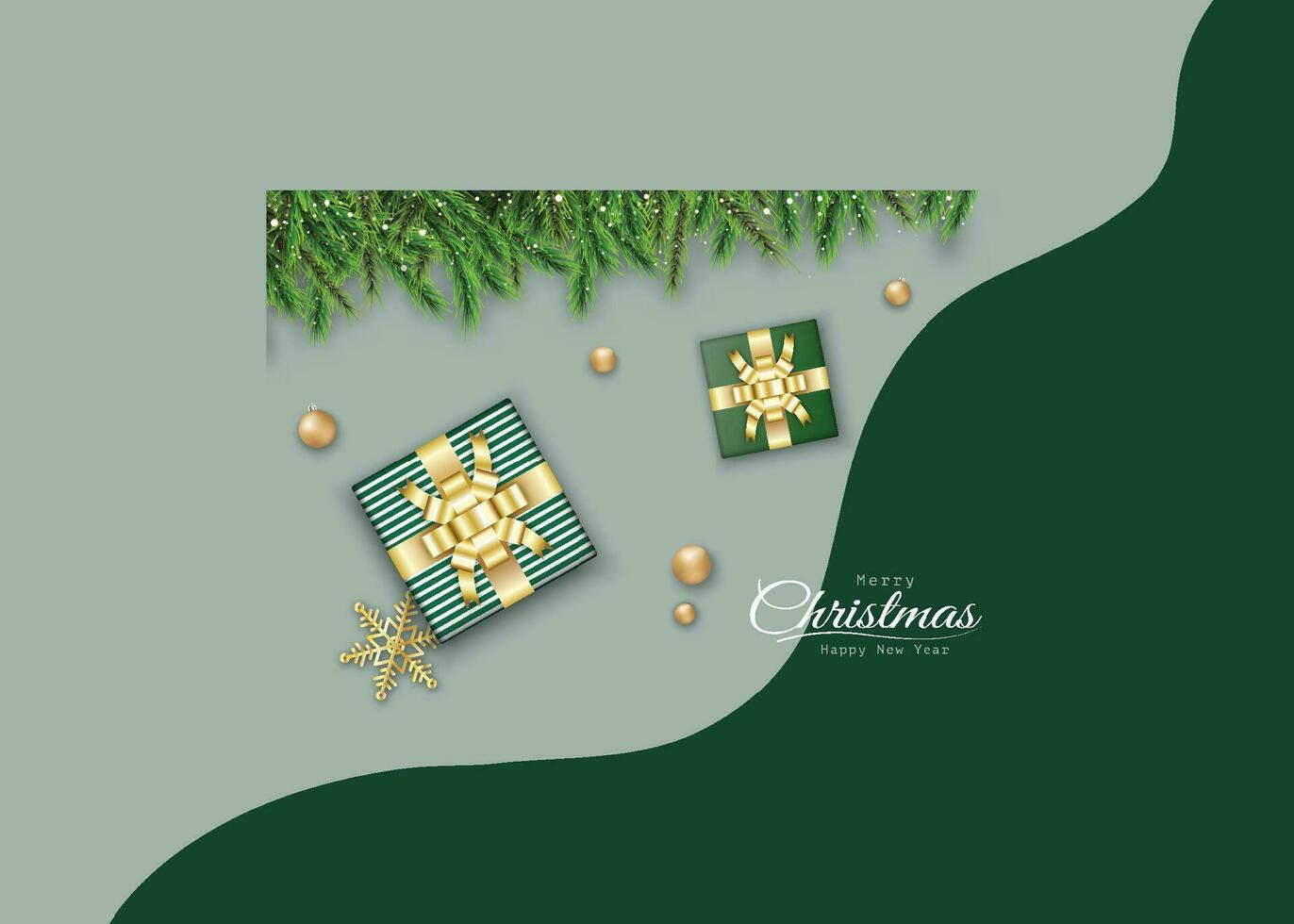 Merry Christmas green background design with gift box, balls and pine branches vector