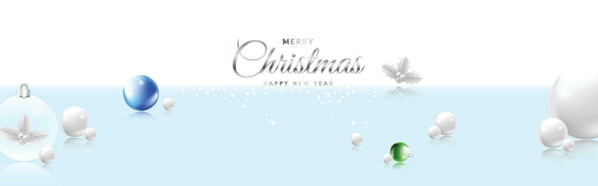 Merry Christmas design with xmas crystal ball with holly on bright blue horizontal banner background vector