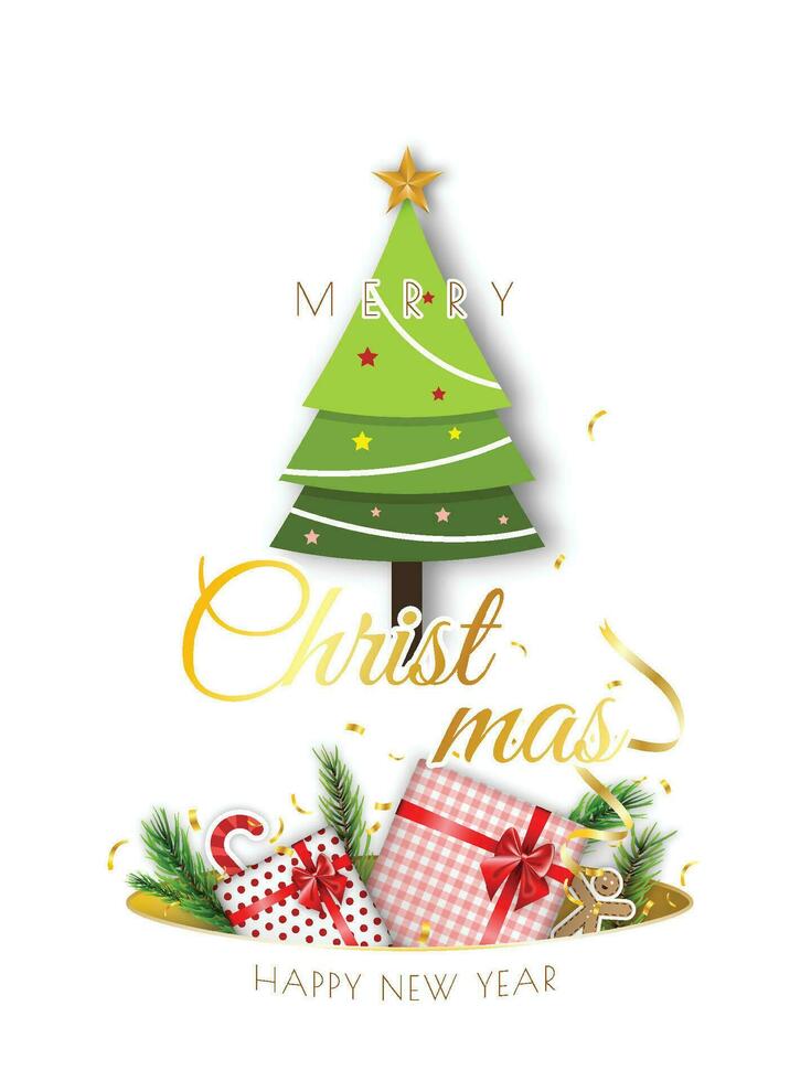 Merry Christmas background minimal decorative design with xmas tree and gift boxs vector