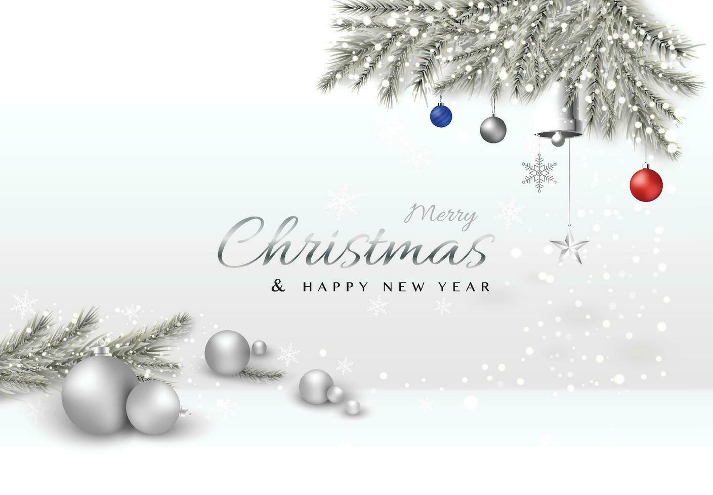 Merry Christmas decorative design with Xmas Balls and pine leaves covered in snow vector