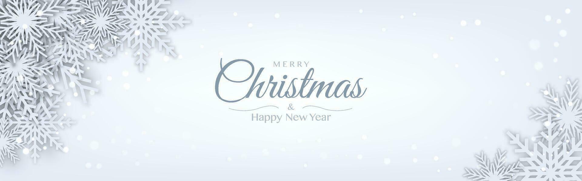 Merry Christmas horizontal banner decorative design with White Origami Paper cut snow flake vector