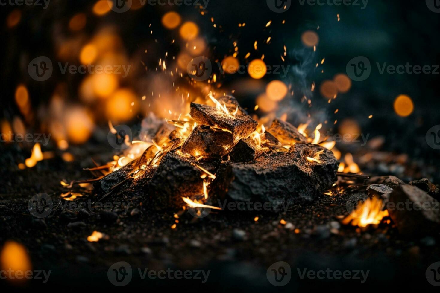 Detail of fire sparks isolated on black background. AI generated photo
