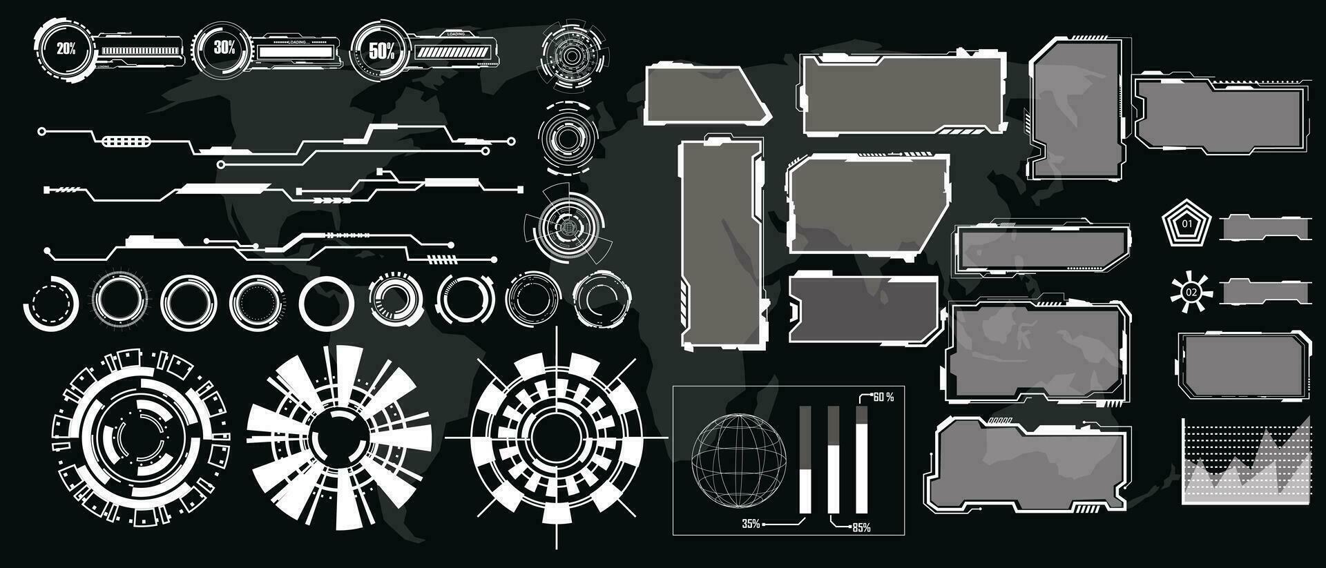 digital interface HUD elements set pack. User Interface, frame screens. Callouts titles, FUI circle set, Loading bars. Dashboard reality technology screen. Vector