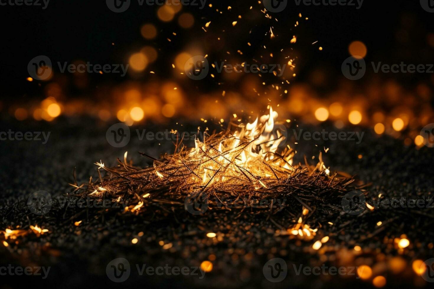 Detail of fire sparks isolated on black background. AI generated photo