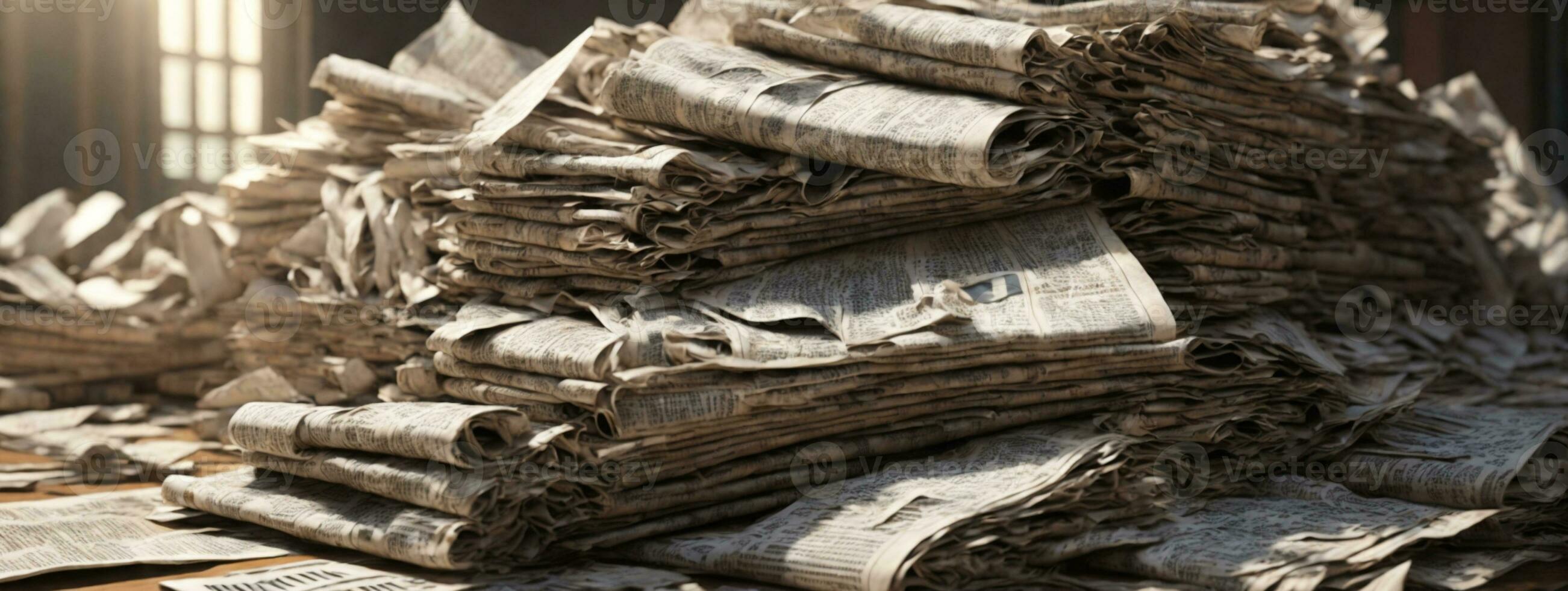 Pile of old newspapers, selective focus. AI generated photo