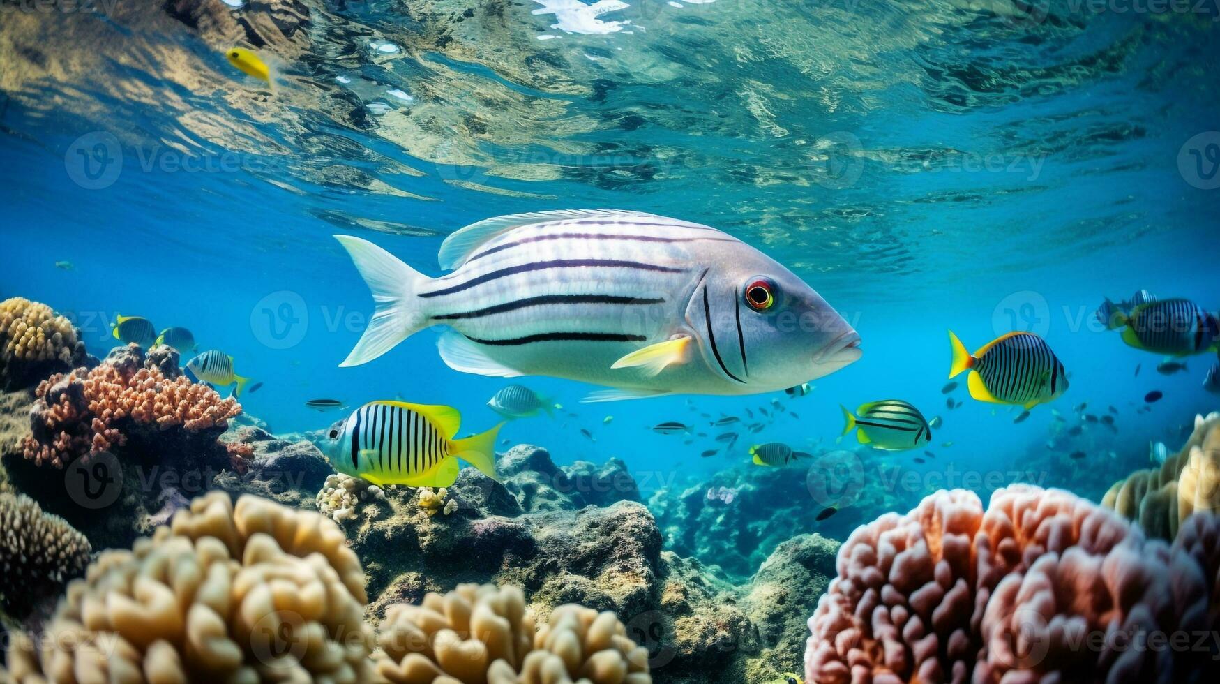 Photo of Zebrafish with various fish between healthy coral reefs in the blue ocean. Generative AI