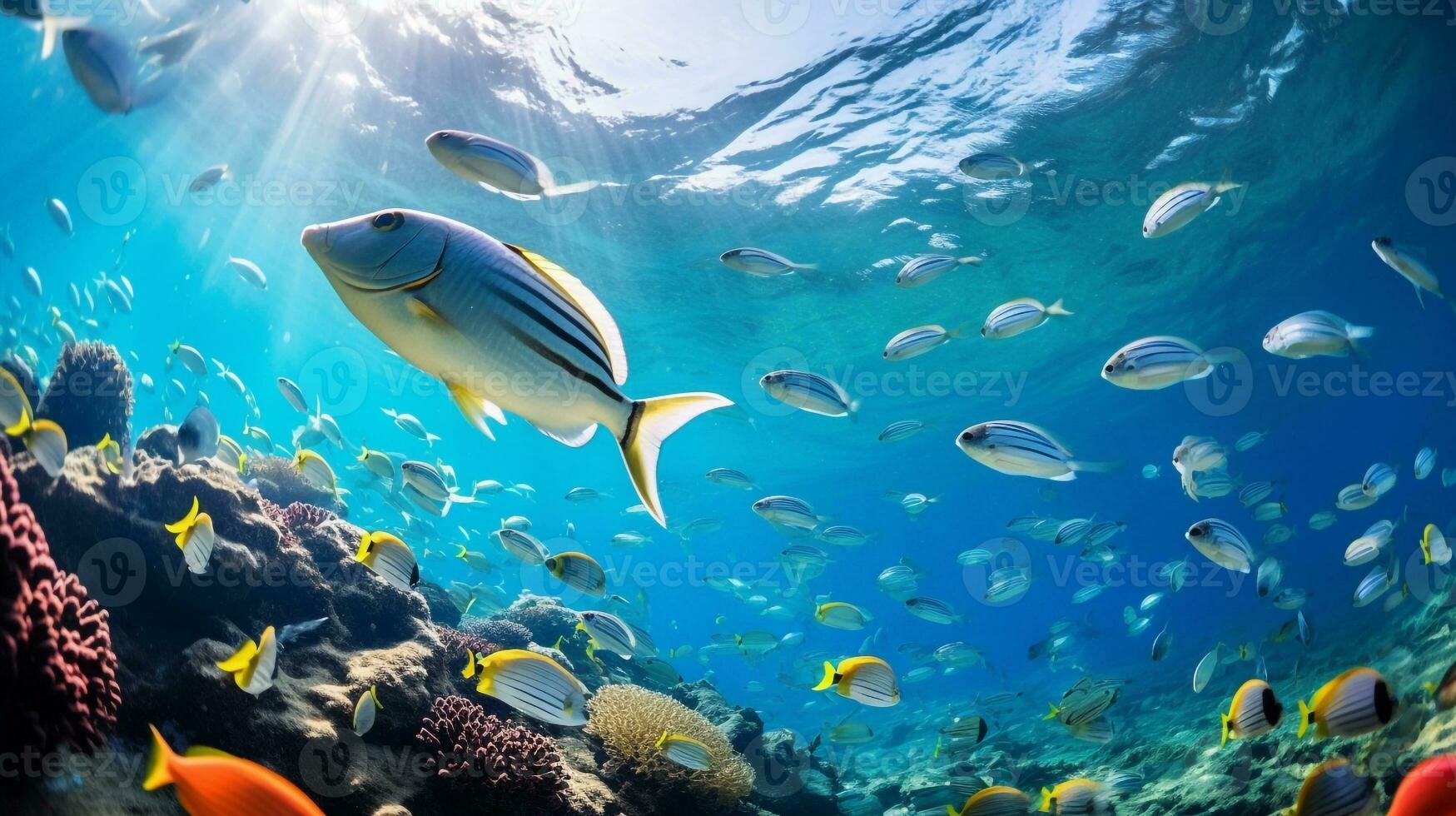 Photo of X-ray Tetra Fish with various fish between healthy coral reefs in the blue ocean. Generative AI