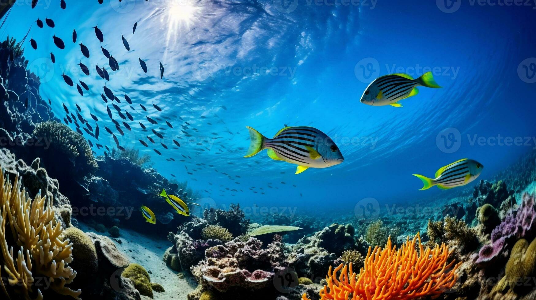 foto de pez cebra con varios pescado Entre sano coral arrecifes en el azul océano. generativo ai