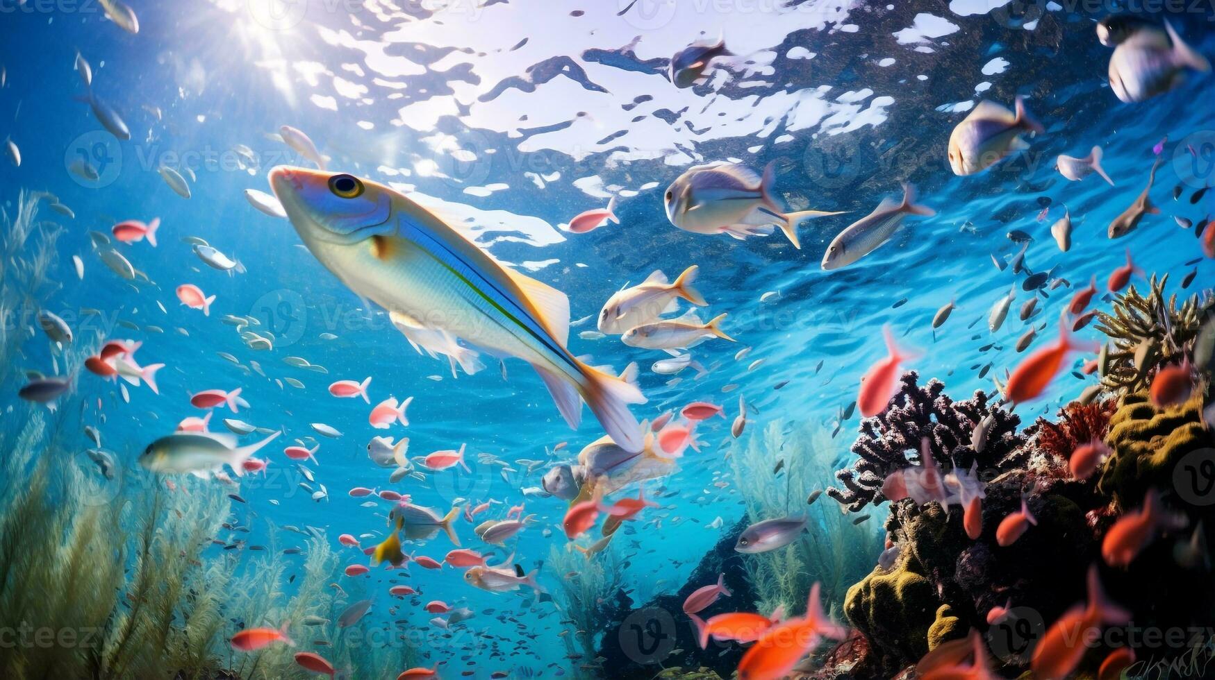 foto de radiografía tetra pescado con varios pescado Entre sano coral arrecifes en el azul océano. generativo ai