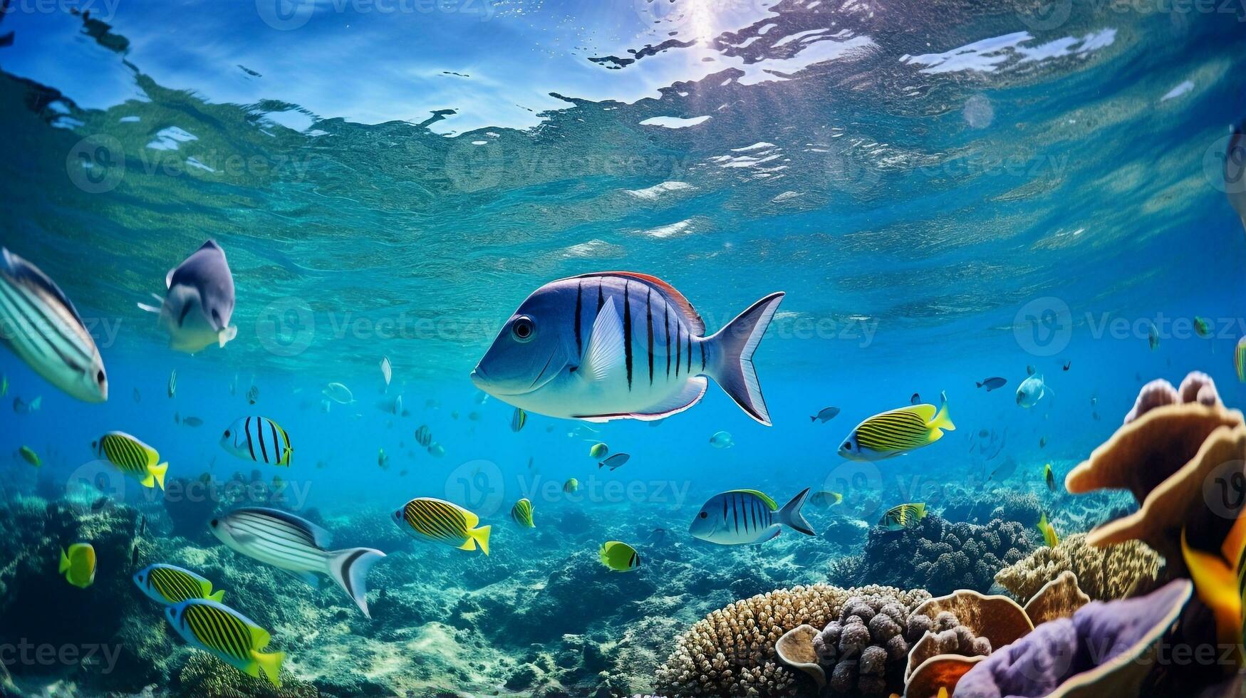foto de radiografía tetra pescado con varios pescado Entre sano coral arrecifes en el azul océano. generativo ai