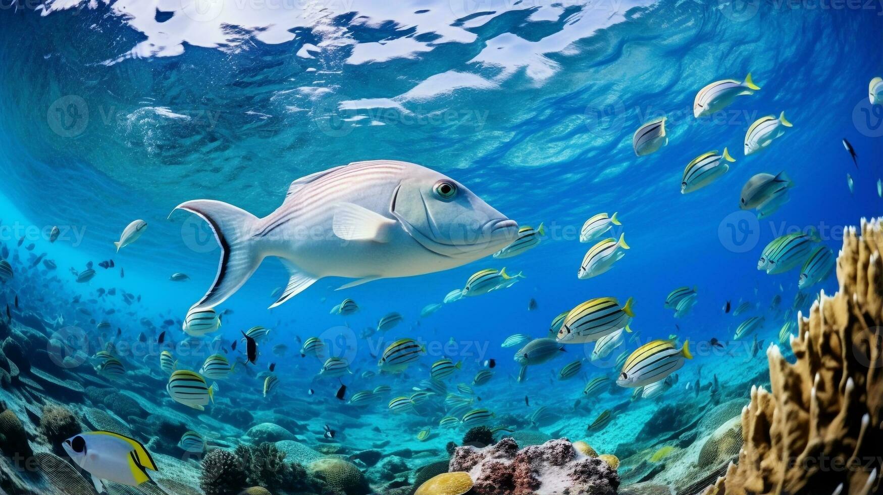 Photo of X-ray Tetra Fish with various fish between healthy coral reefs in the blue ocean. Generative AI