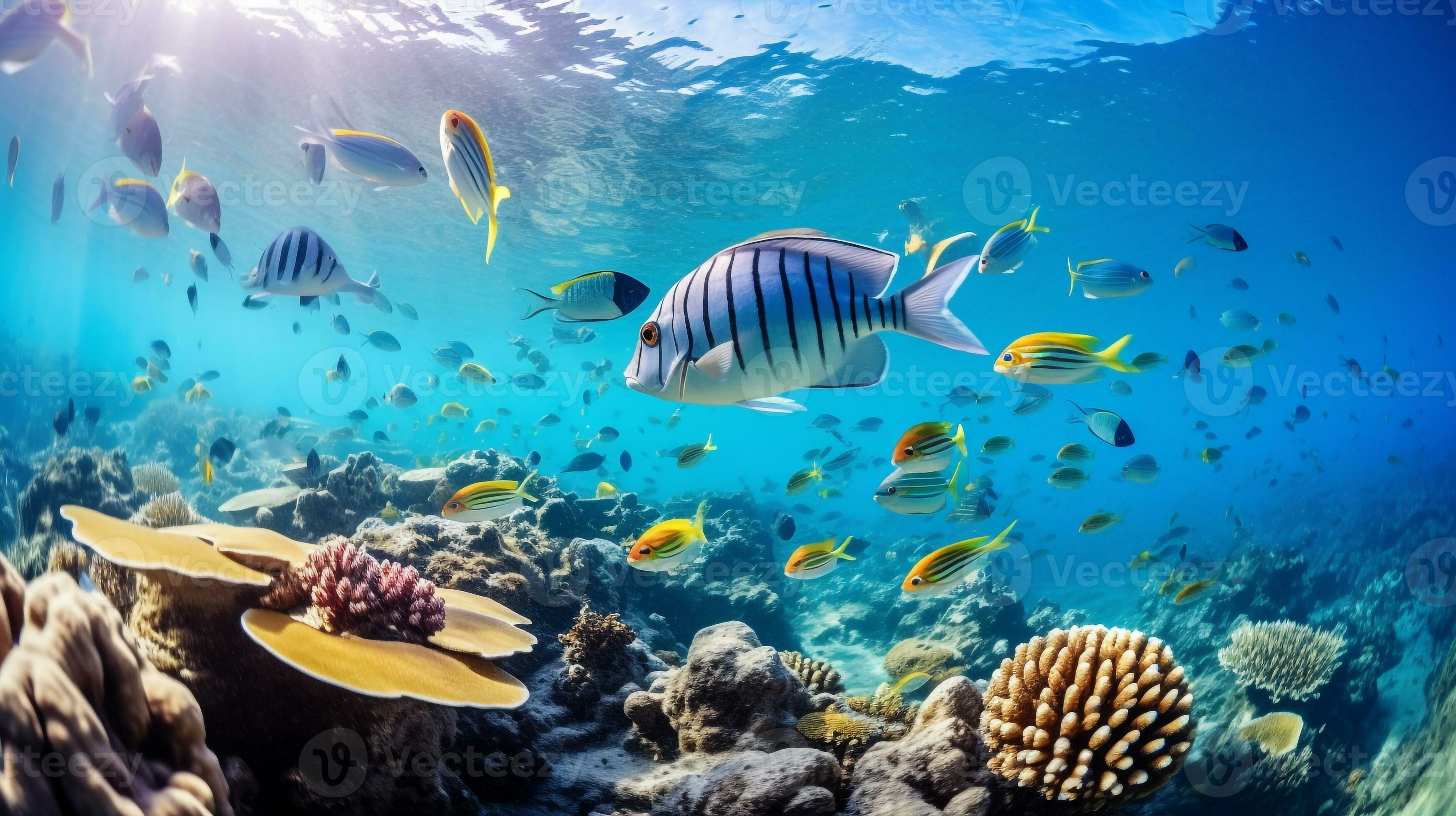 Photo of Zebrafish with various fish between healthy coral reefs in the blue ocean. Generative