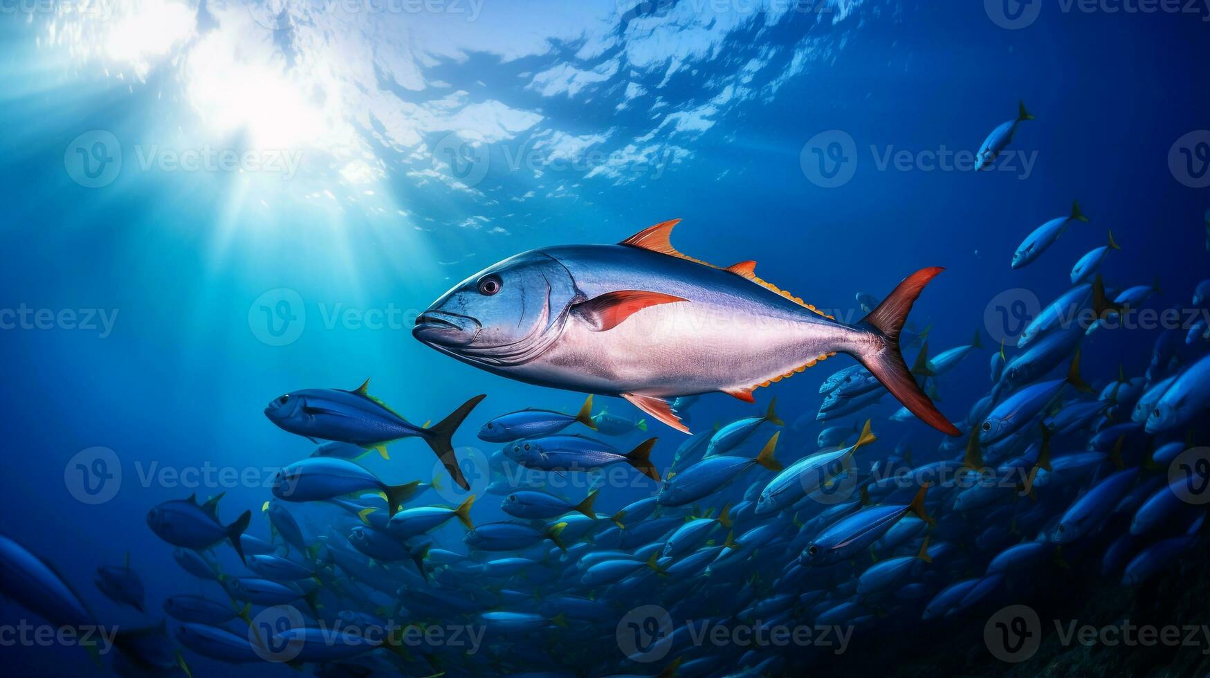 Photo of Yellowfin Tuna with various fish between healthy coral reefs in the blue ocean. Generative AI