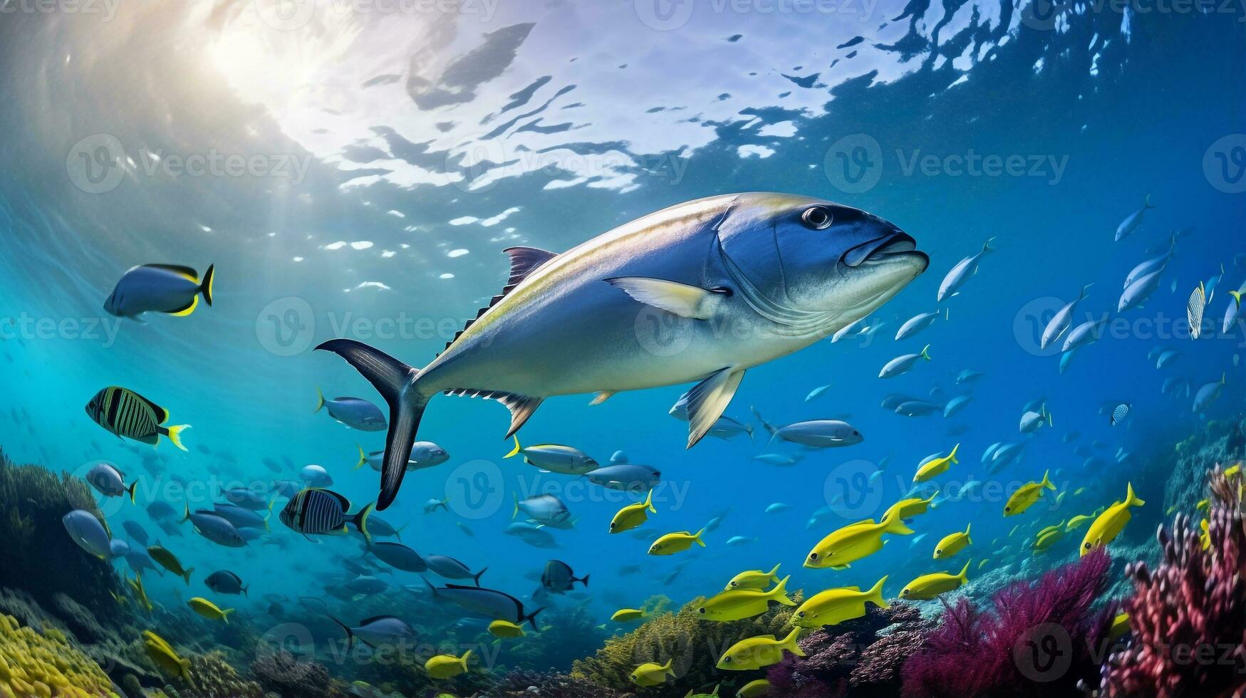 Photo of Yellowfin Tuna with various fish between healthy coral reefs in the blue ocean. Generative AI