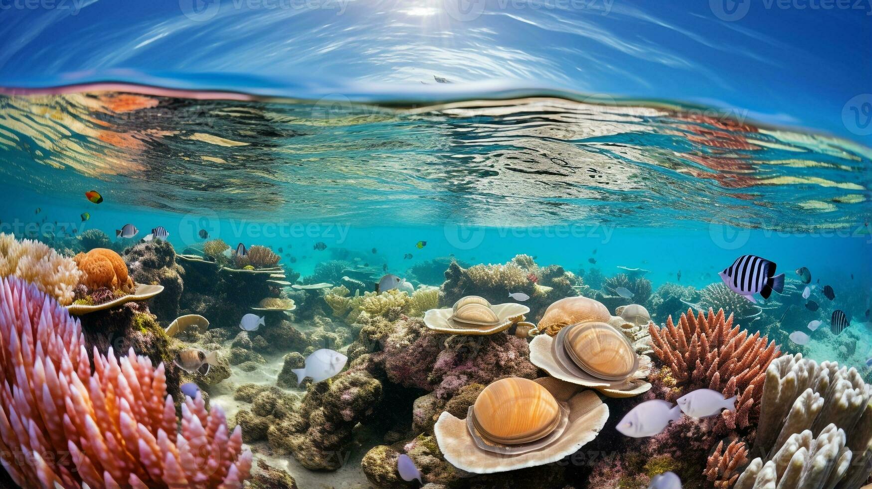 Photo of Quahog Clam between healthy coral reefs in the blue ocean. Generative AI