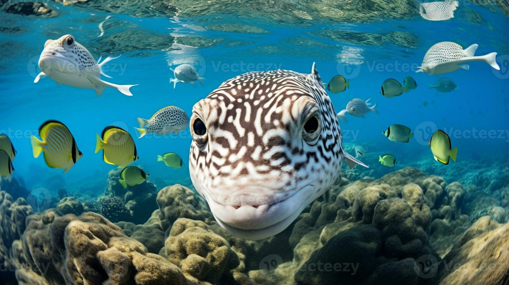 Photo of Pufferfish with various fish between healthy coral reefs in the blue ocean. Generative AI