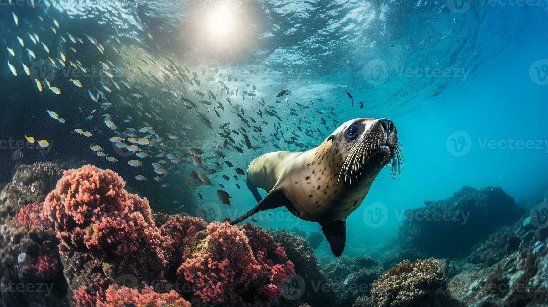 Photo of Sea Lion with various fish between healthy coral reefs in the blue ocean. Generative AI