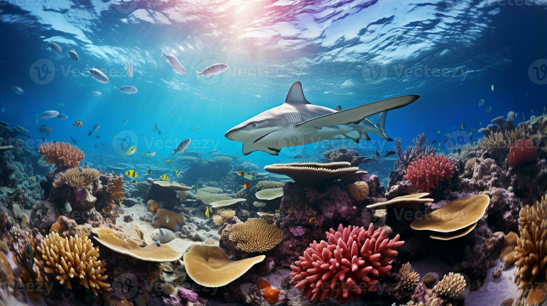 Photo of Hammerhead Shark with various fish between healthy coral reefs in the blue ocean. Generative AI