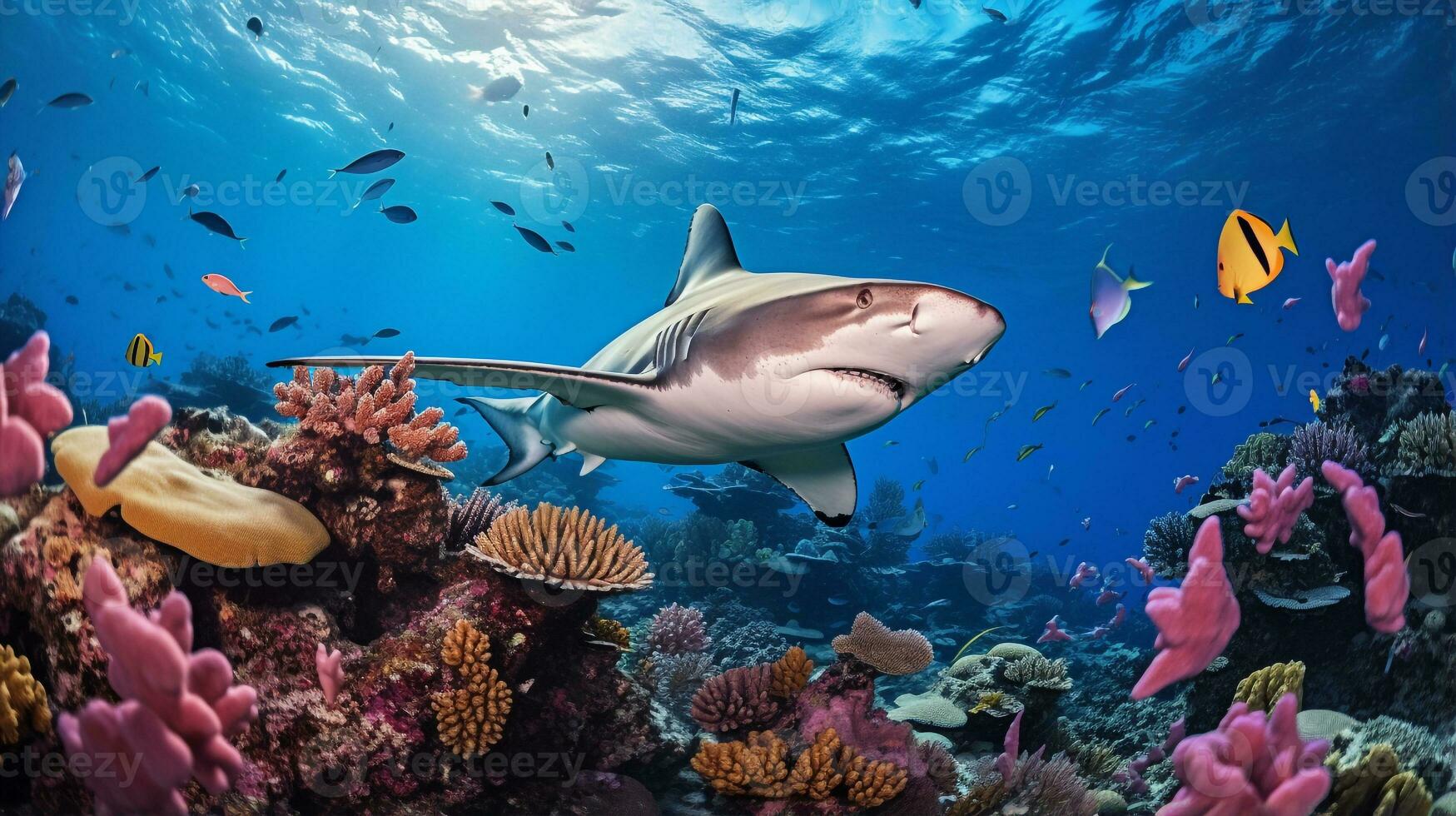 Photo of Hammerhead Shark with various fish between healthy coral reefs in the blue ocean. Generative AI