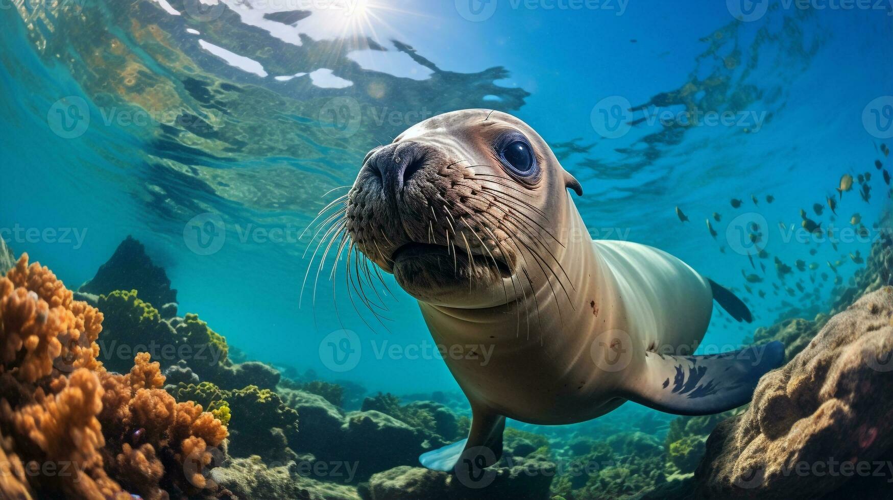 Photo of Sea Lion with various fish between healthy coral reefs in the blue ocean. Generative AI