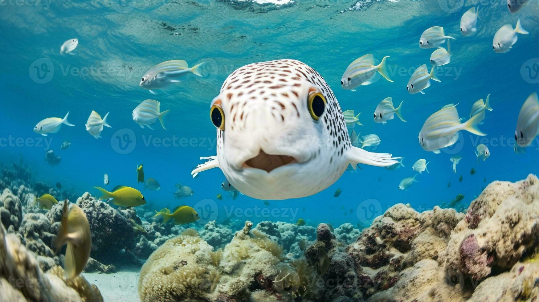 foto de pez globo con varios pescado Entre sano coral arrecifes en el azul océano. generativo ai