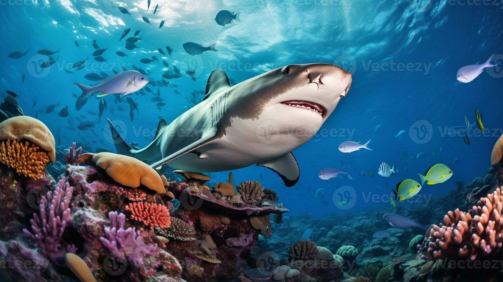 Photo of Hammerhead Shark with various fish between healthy coral reefs in the blue ocean. Generative AI