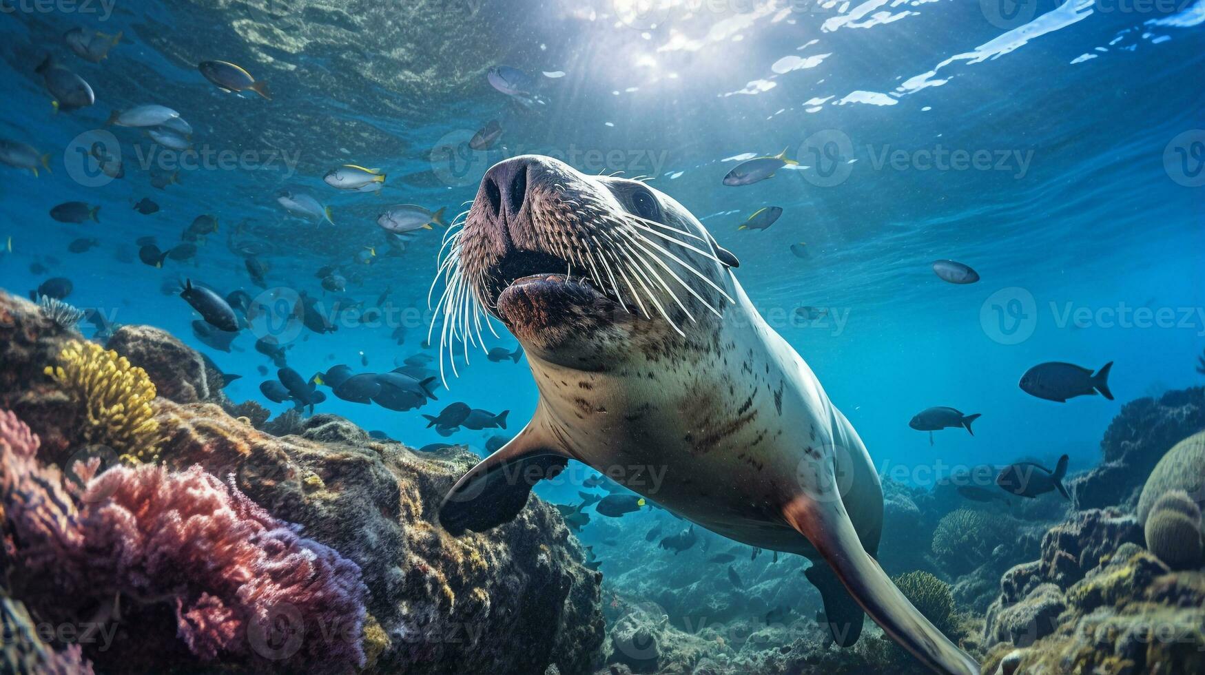 Photo of Sea Lion with various fish between healthy coral reefs in the blue ocean. Generative AI