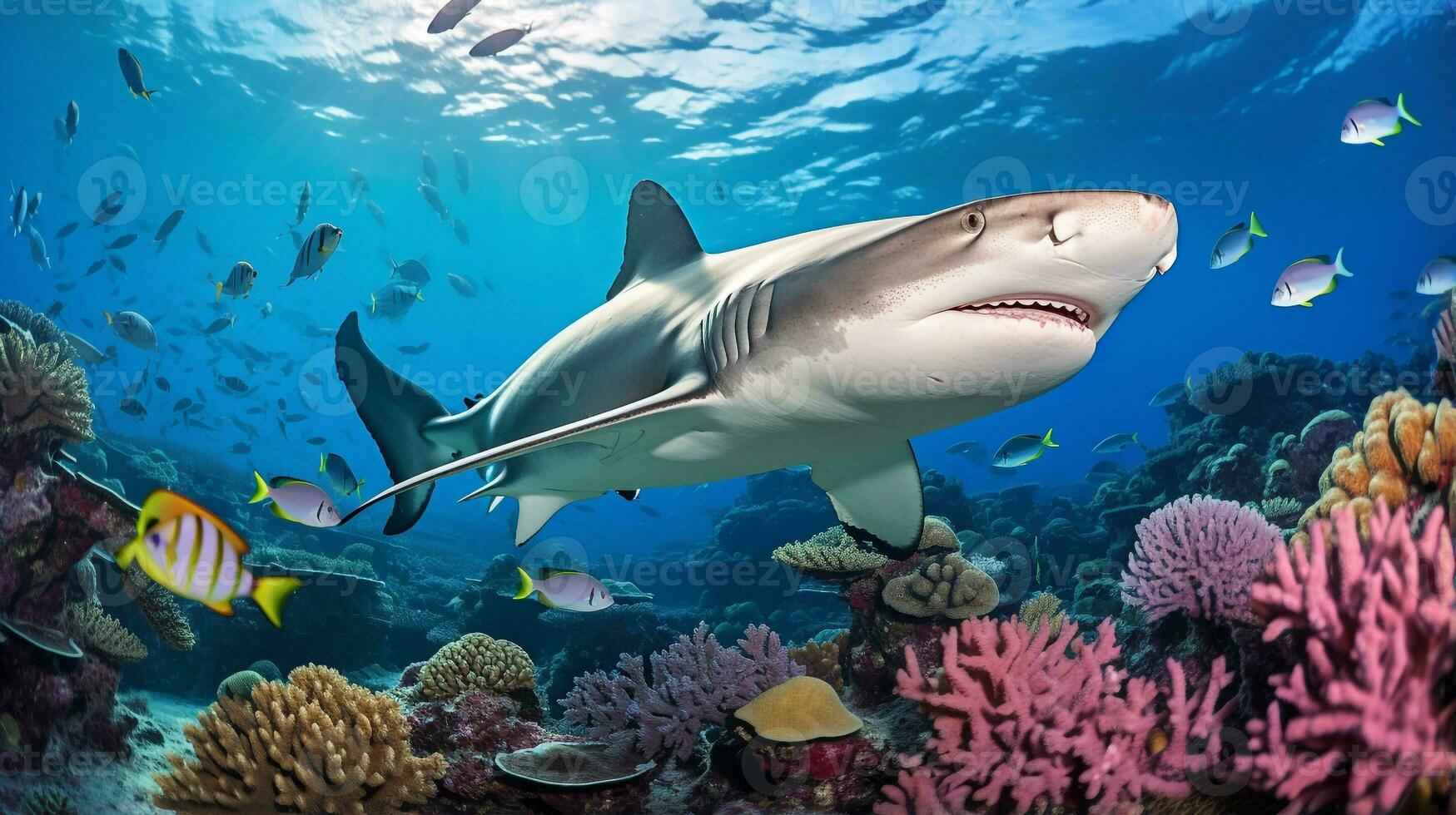 Photo of Hammerhead Shark with various fish between healthy coral reefs in the blue ocean. Generative AI