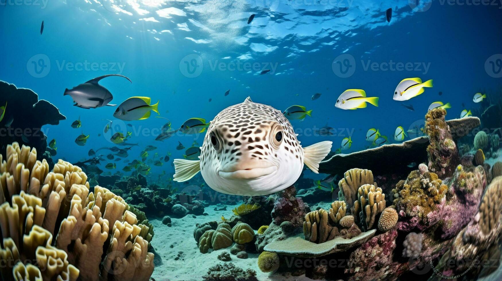 Photo of Pufferfish with various fish between healthy coral reefs in the blue ocean. Generative AI