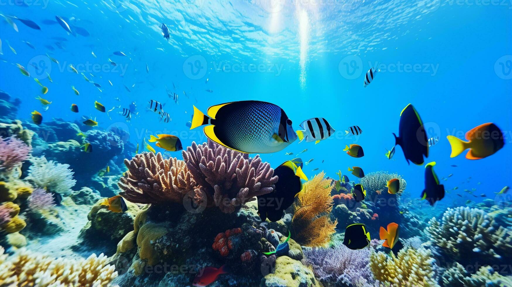 Photo of Angelfish with various fish between healthy coral reefs in the blue ocean. Generative AI