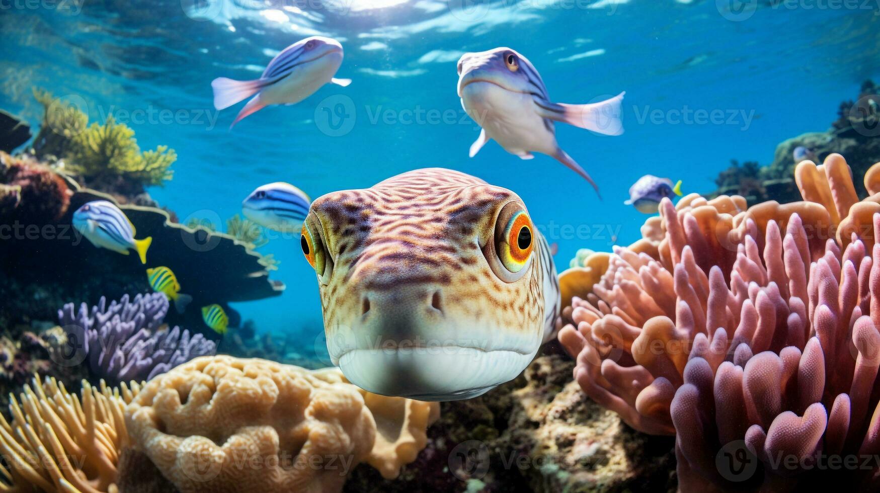 Photo of Eel with various fish between healthy coral reefs in the blue ocean. Generative AI