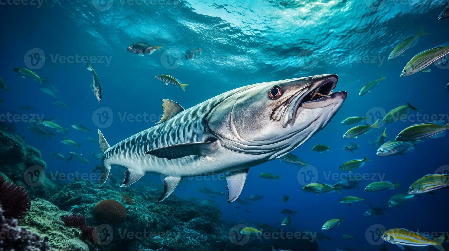 foto de barracuda con varios pescado Entre sano coral arrecifes en el azul océano. generativo ai