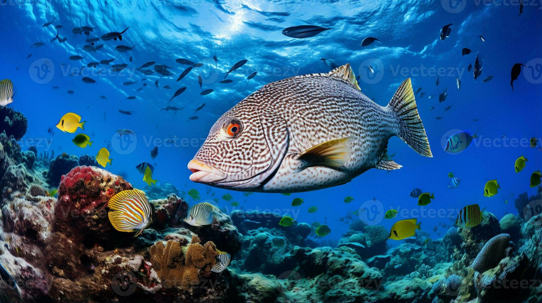 Photo of Flounder with various fish between healthy coral reefs in the
