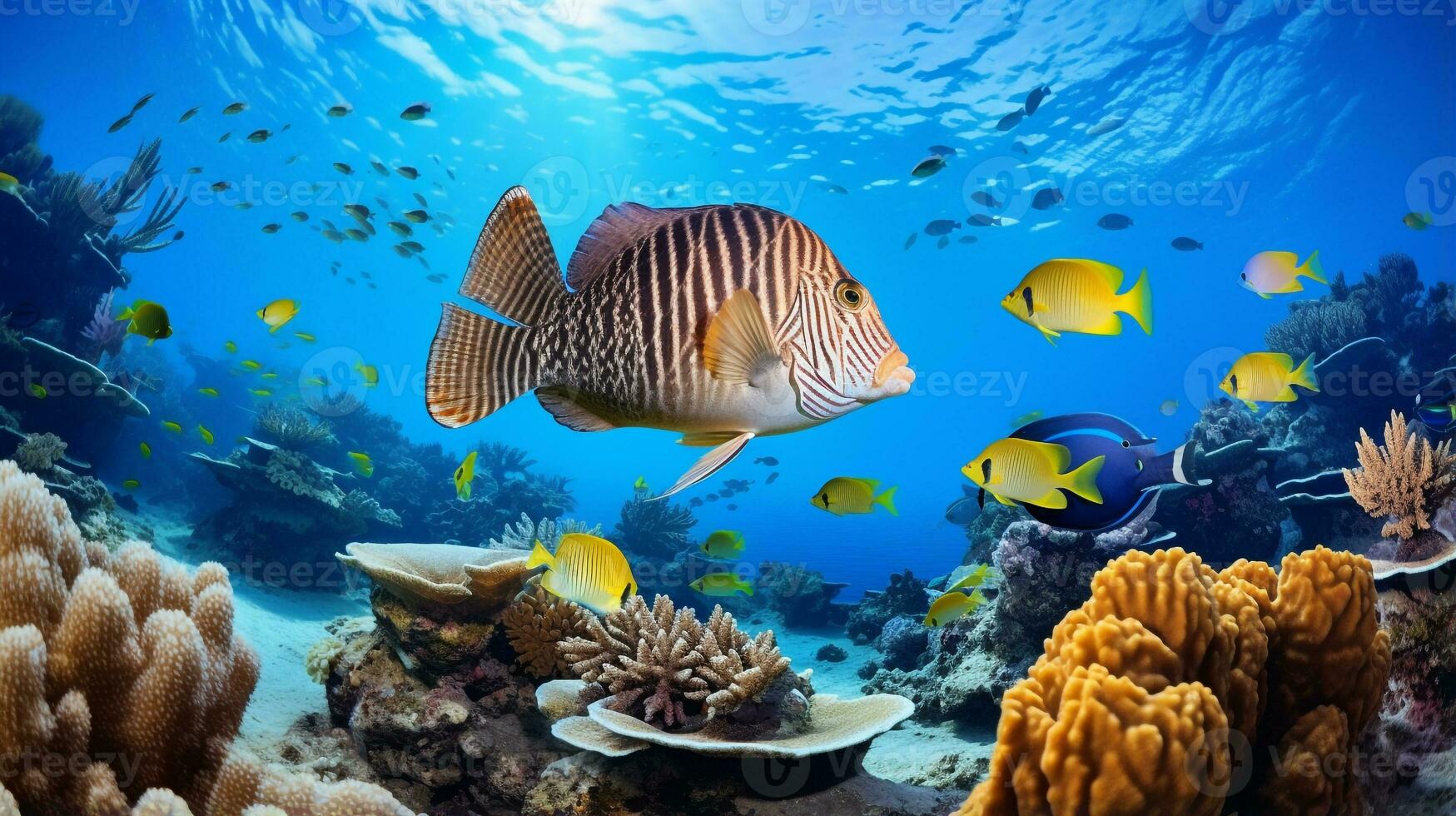 Photo of Flounder with various fish between healthy coral reefs in the