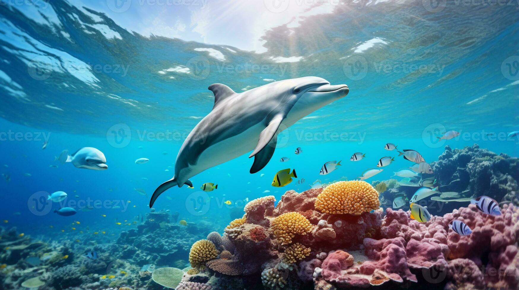 Photo of Dolphin with various fish between healthy coral reefs in the blue ocean. Generative AI