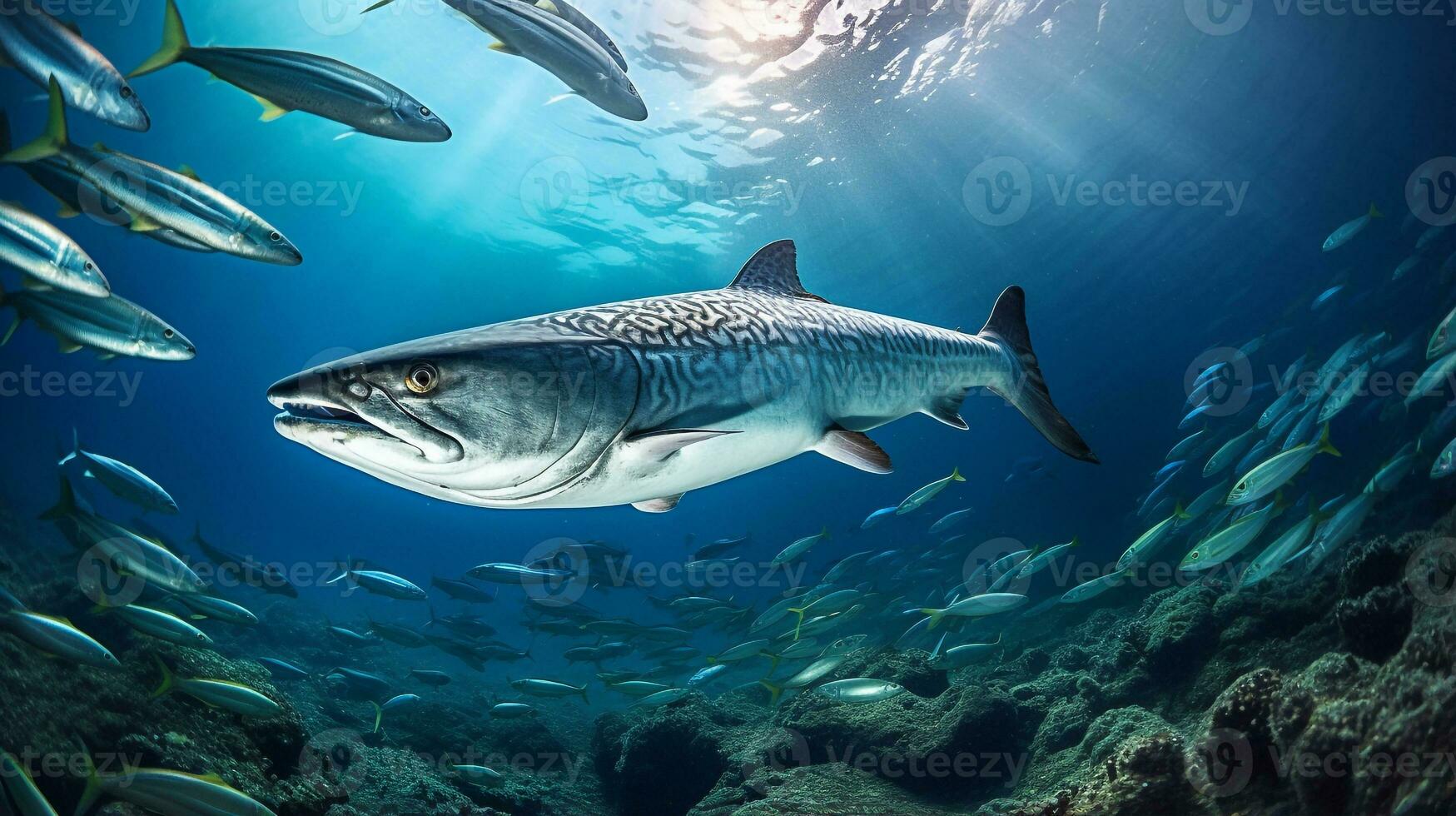 Photo of Barracuda with various fish between healthy coral reefs in the blue ocean. Generative AI