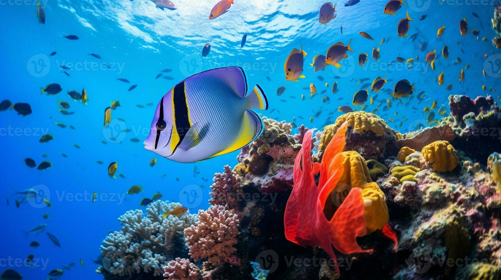 Photo of Angelfish with various fish between healthy coral reefs in the blue ocean. Generative AI