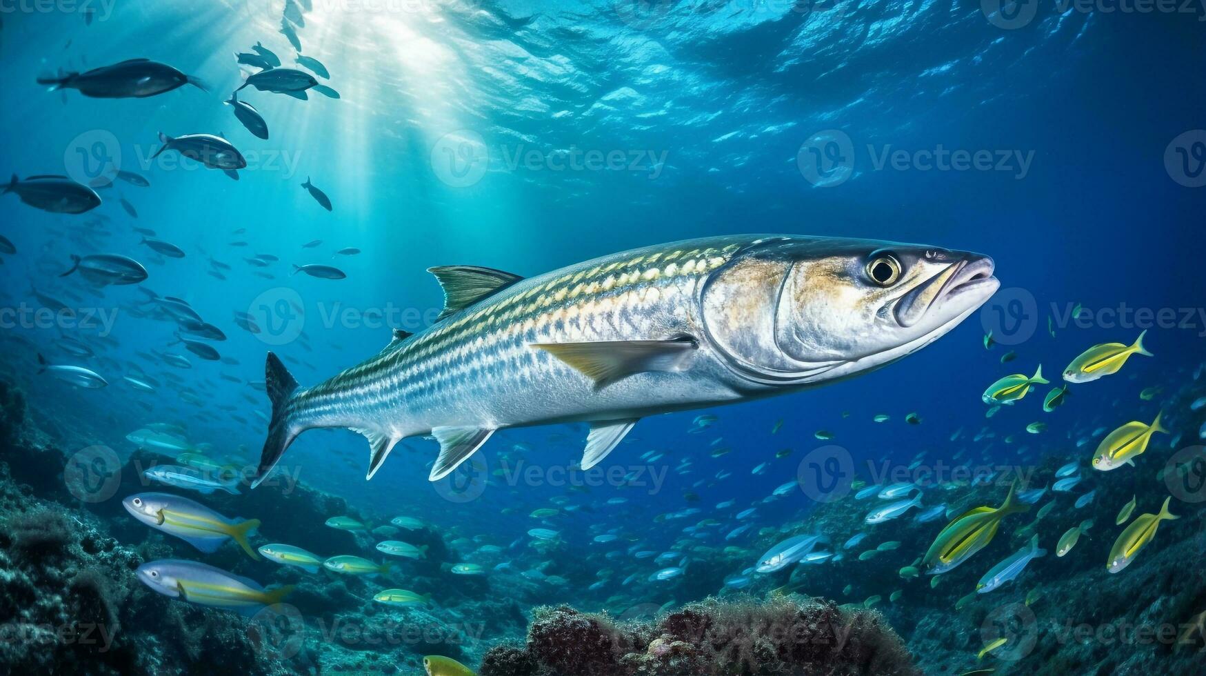 Photo of Barracuda with various fish between healthy coral reefs in the blue ocean. Generative AI