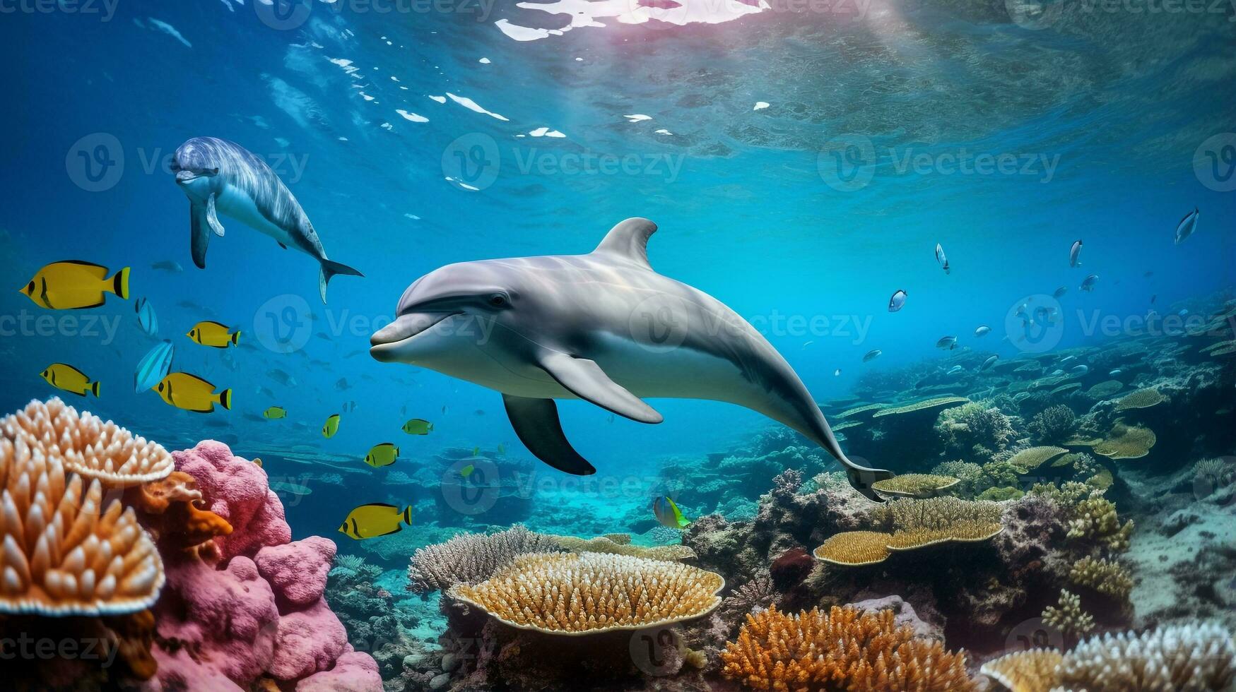 Photo of Dolphin with various fish between healthy coral reefs in the blue ocean. Generative AI