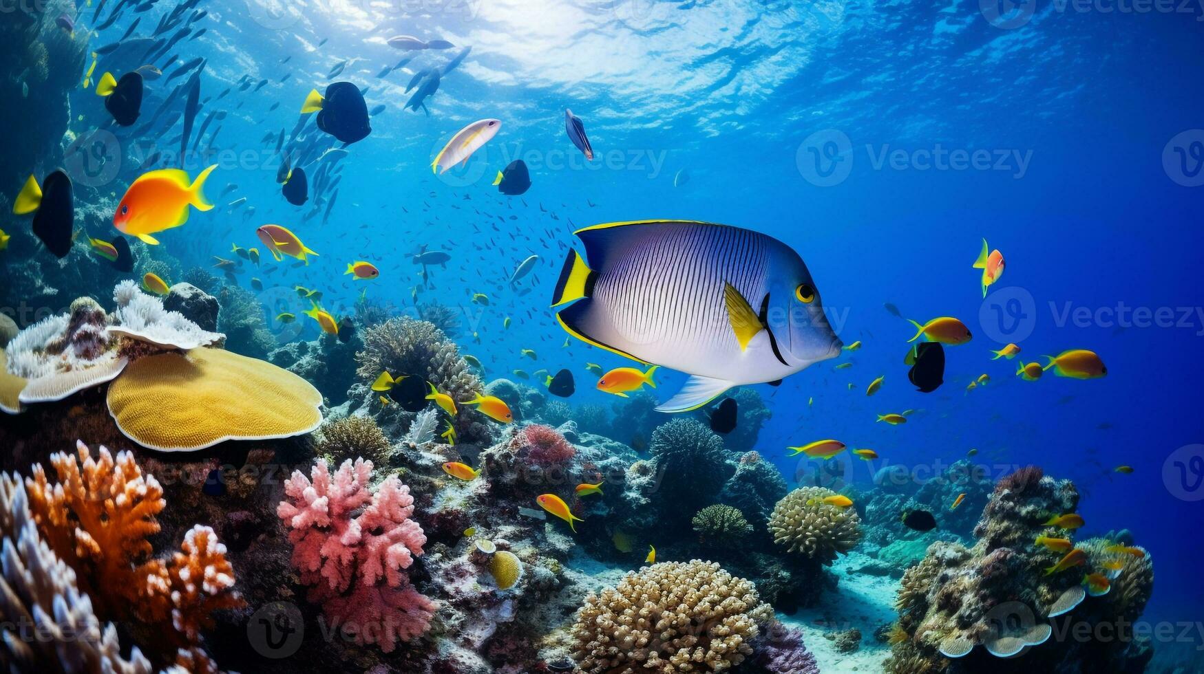 Photo of Angelfish with various fish between healthy coral reefs in the blue ocean. Generative AI