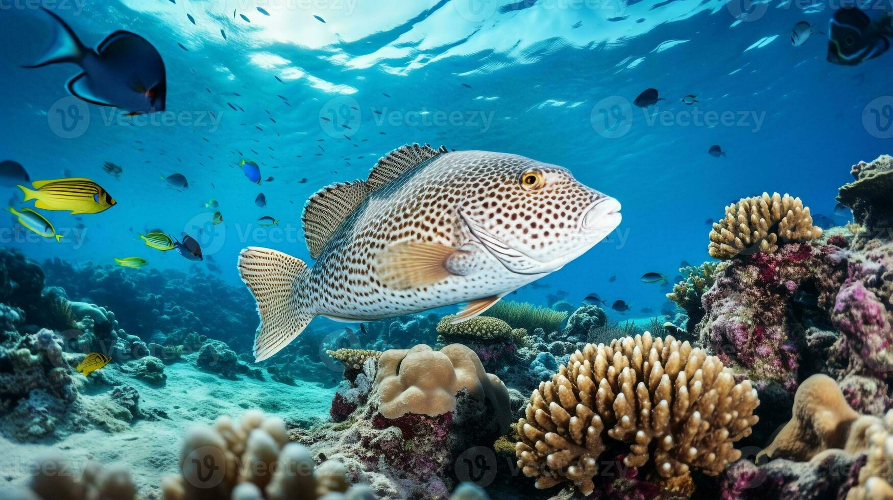 Photo of Flounder with various fish between healthy coral reefs in the blue ocean. Generative AI