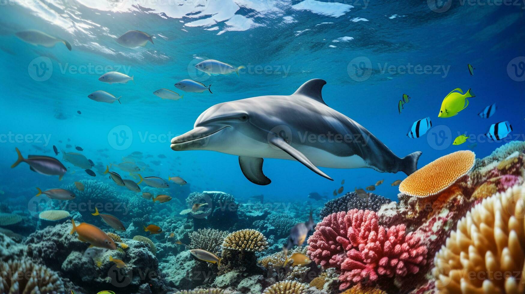 Photo of Dolphin with various fish between healthy coral reefs in the blue ocean. Generative AI