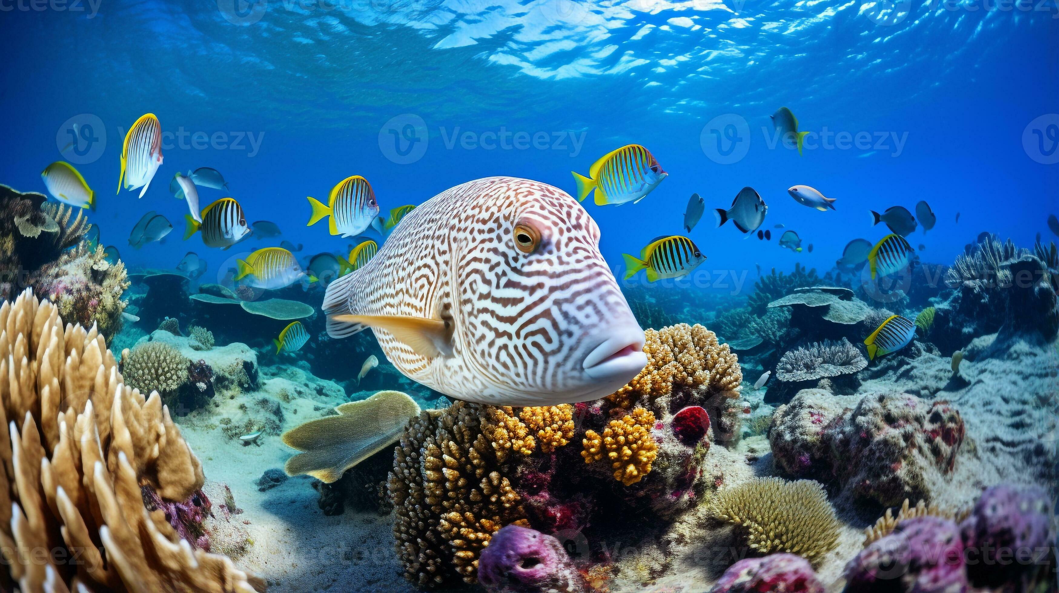 Photo of Flounder with various fish between healthy coral reefs in the